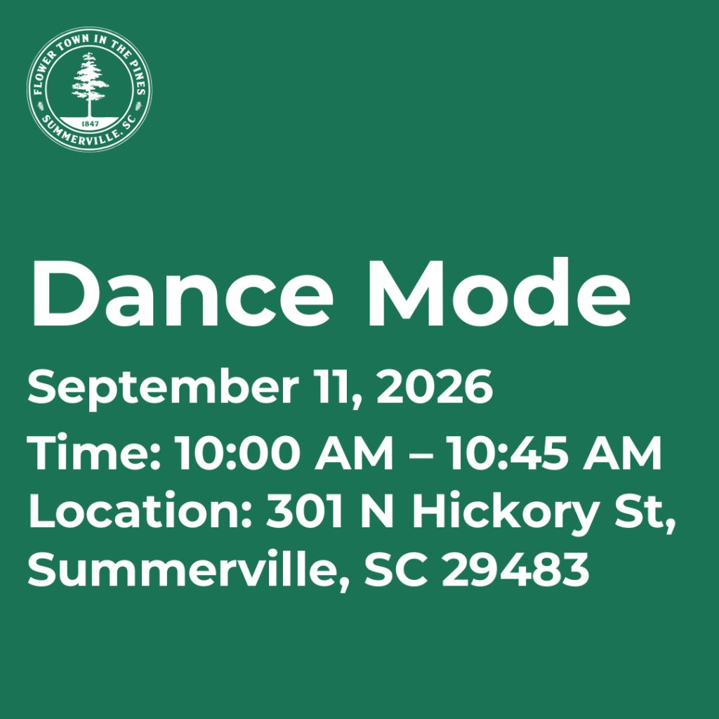 Event details for "Dance Mode" on September 11, 2026, from 10:00 AM to 10:45 AM, at 301 N Hickory St, Summerville, SC.