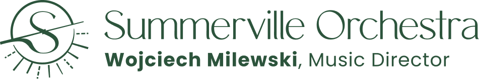 Logo for Summerville Orchestra featuring the name and title of Wojciech Milewski as Music Director.