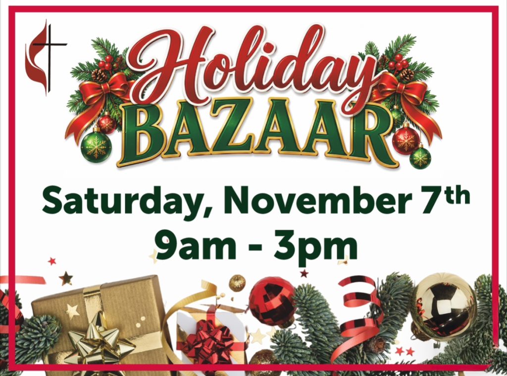 Holiday Bazaar announcement with date, time, and festive decorations including gifts and ornaments.