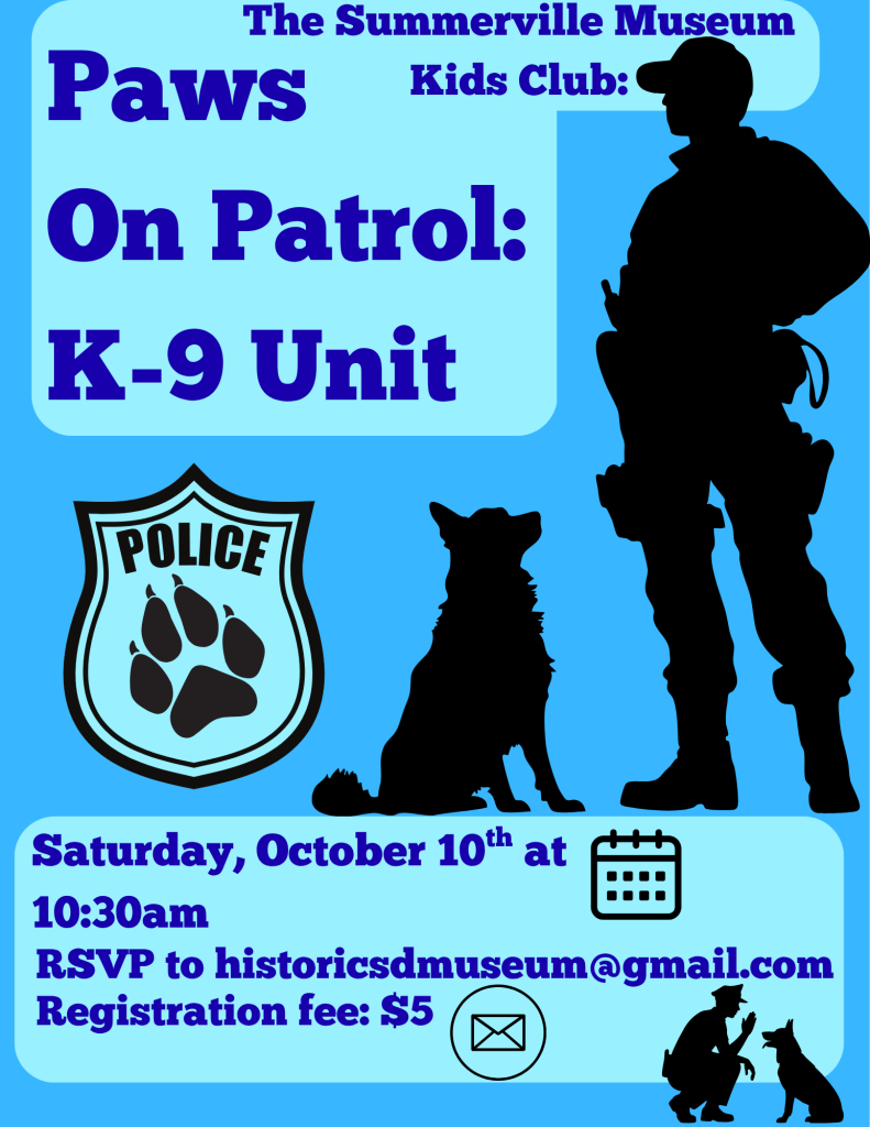 Silhouettes of a police officer and a dog, promoting a K-9 unit event at the Summerville Museum.