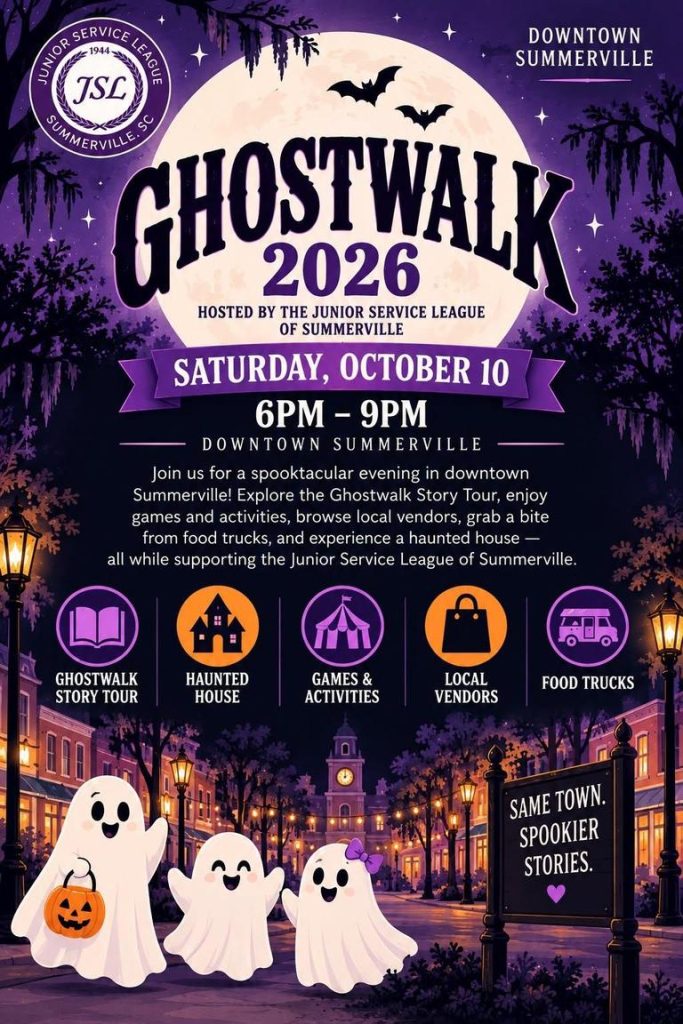 Promotional poster for Ghostwalk 2026 in Summerville, featuring event details and ghost-themed graphics.