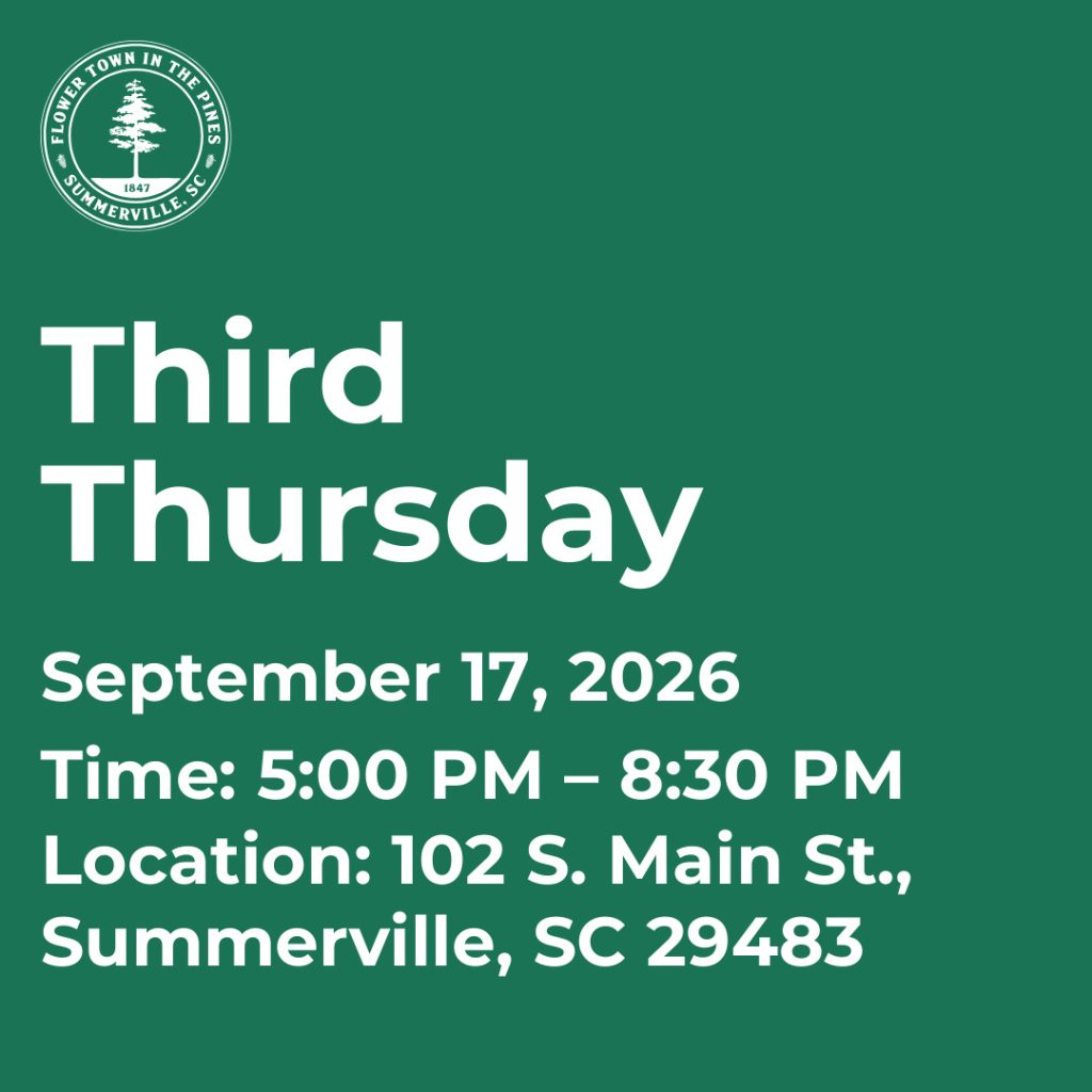 Event details for Third Thursday on September 17, 2026, from 5:00 PM to 8:30 PM in Summerville, SC.