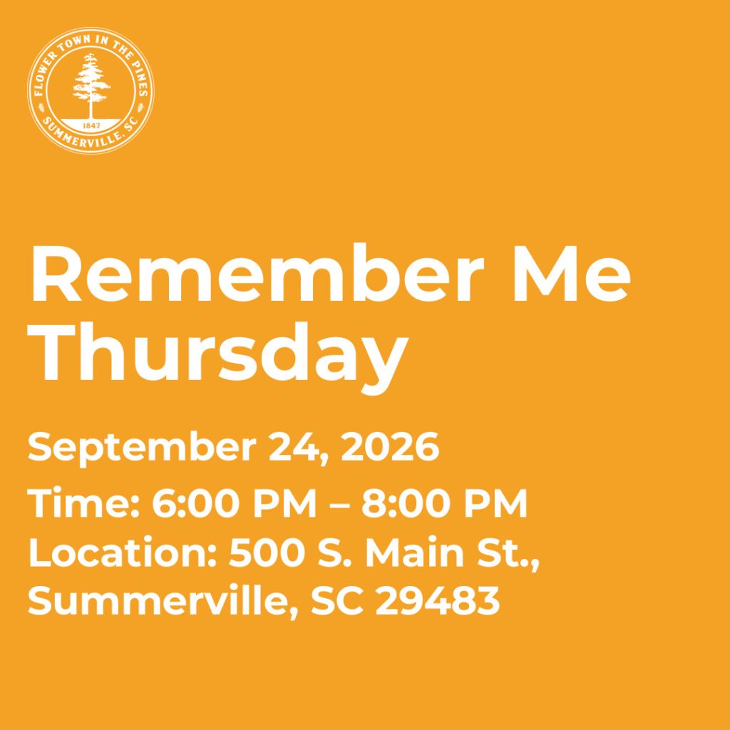 Event announcement for Remember Me Thursday on September 24, 2026, from 6:00 PM to 8:00 PM in Summerville, SC.