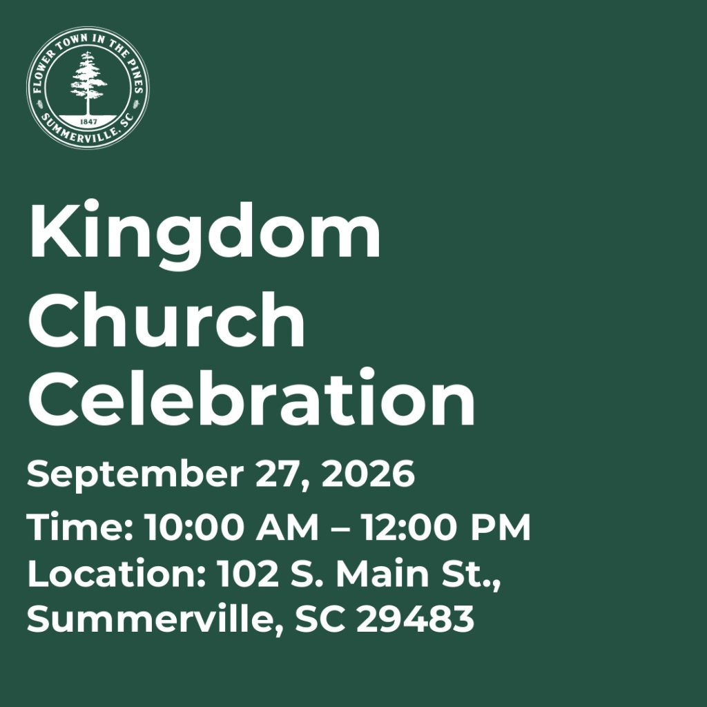 Text announcement for Kingdom Church Celebration on September 27, 2026, from 10 AM to 12 PM in Summerville, SC.