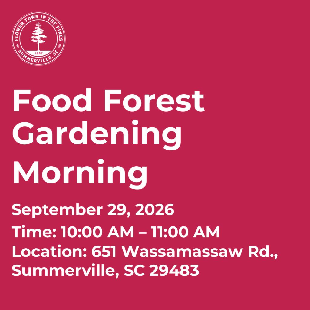 Event details for Food Forest Gardening Morning on September 29, 2026, from 10:00 AM to 11:00 AM in Summerville, SC.