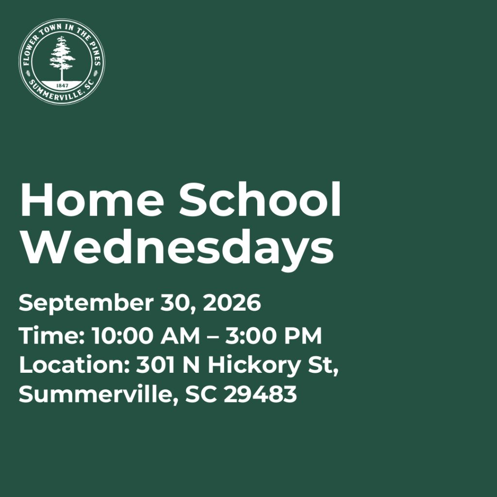 Event details for Home School Wednesdays on September 30, 2026, from 10 AM to 3 PM at 301 N Hickory St, Summerville, SC.