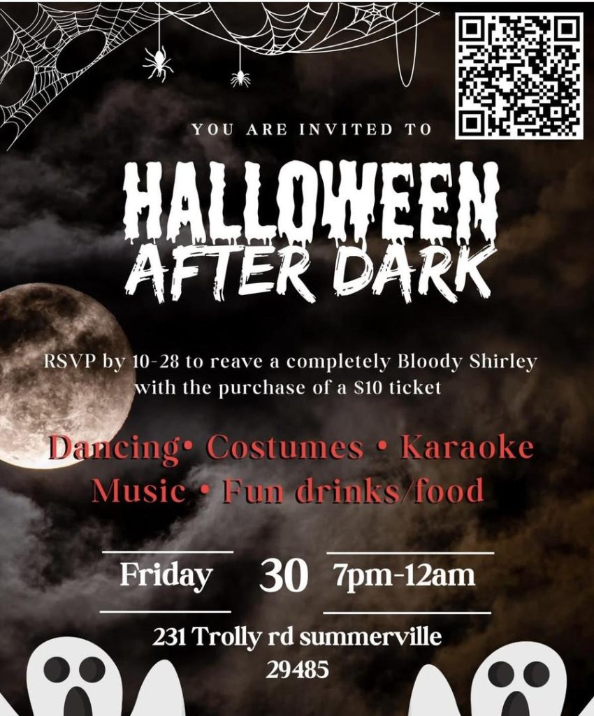 Halloween party invitation featuring details about costumes, dancing, karaoke, and food. RSVP by October 28.
