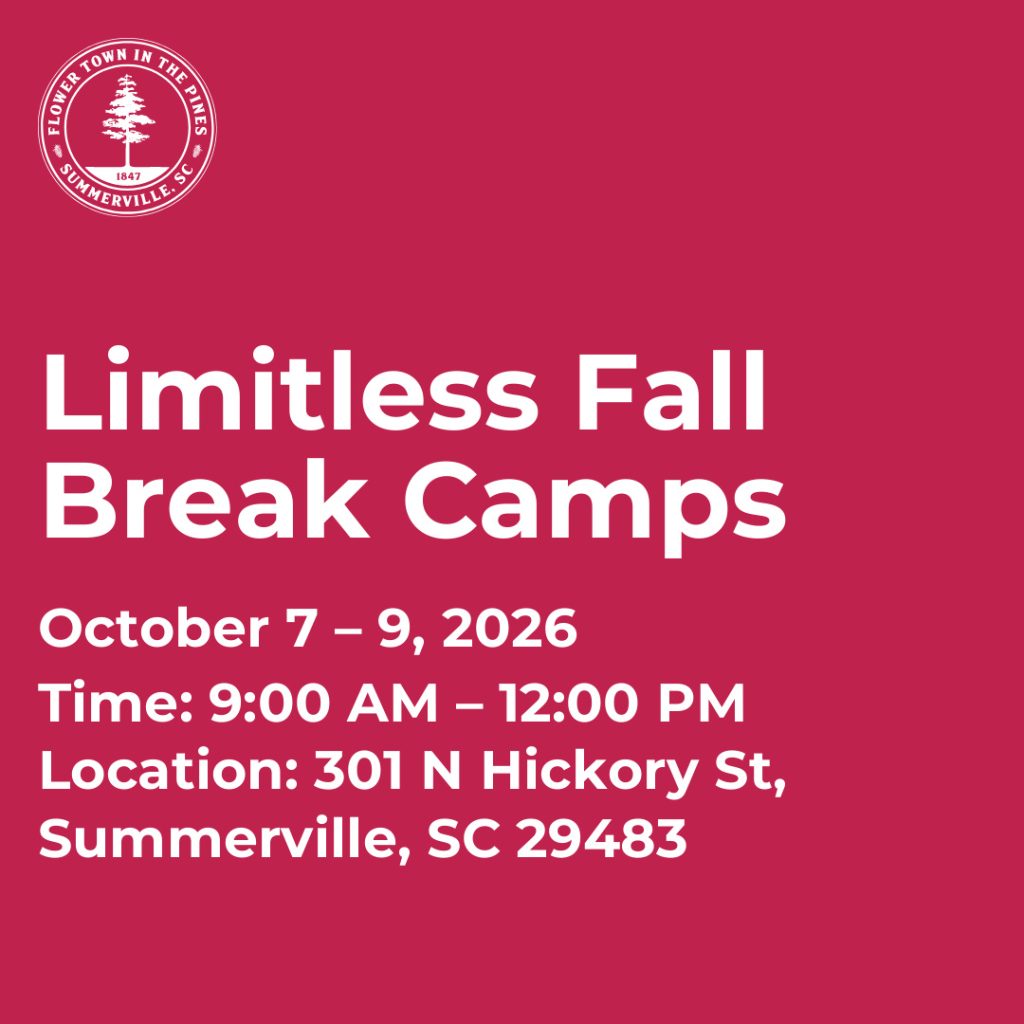 Limitless Fall Break Camps from October 7-9, 2026, at 301 N Hickory St, Summerville, SC, 9 AM to 12 PM.