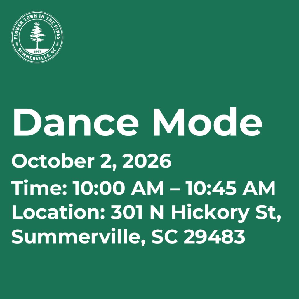 Event details for Dance Mode on October 2, 2026, from 10:00 AM to 10:45 AM at 301 N Hickory St, Summerville, SC.