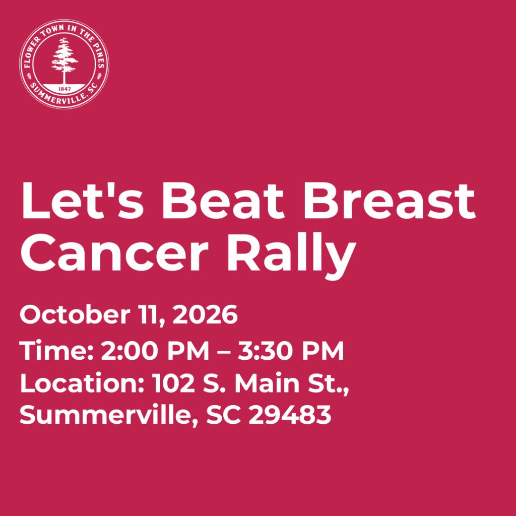 Text promoting the "Let's Beat Breast Cancer Rally" on October 11, 2026, in Summerville, SC.