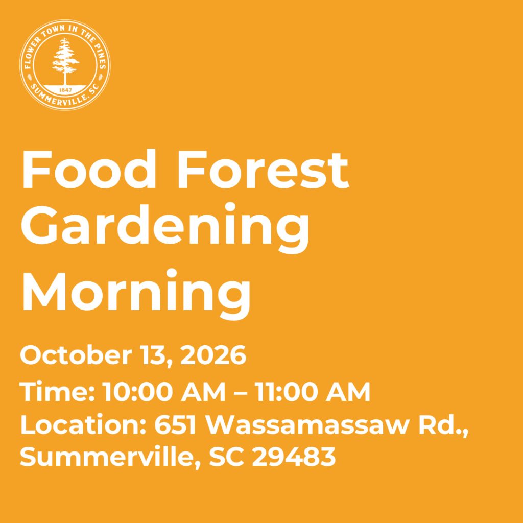 Event details for Food Forest Gardening Morning on October 13, 2026, from 10:00 AM to 11:00 AM in Summerville, SC.