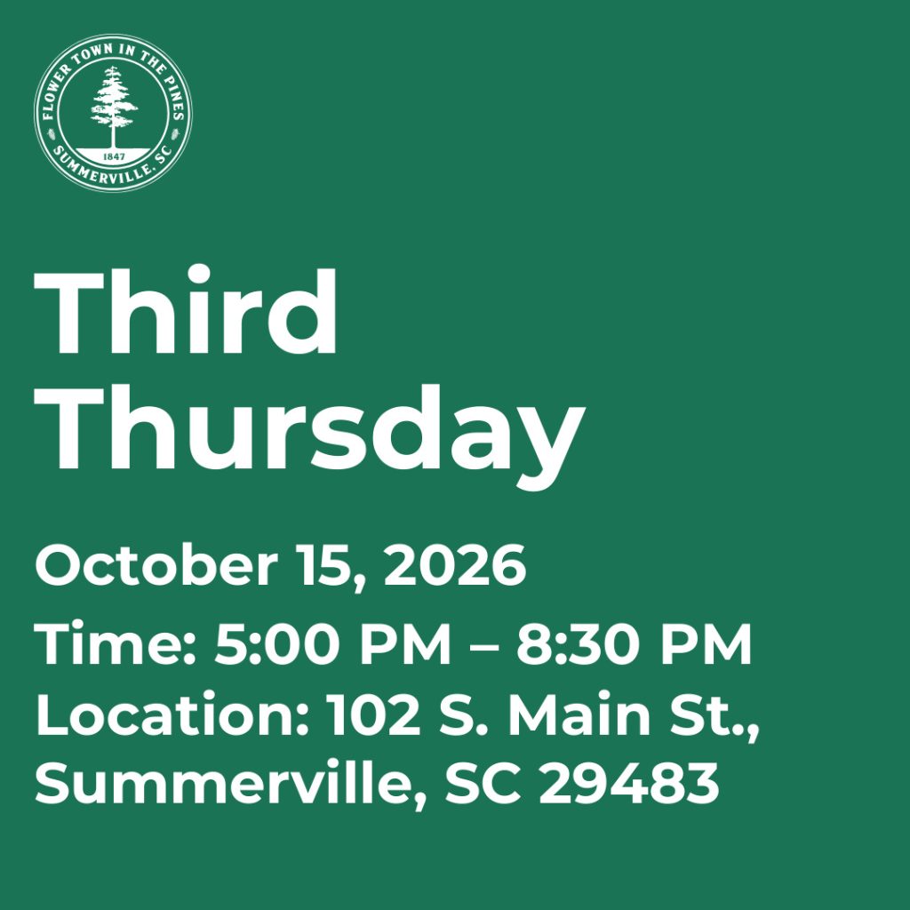 Event details for Third Thursday on October 15, 2026, from 5:00 PM to 8:30 PM in Summerville, SC.