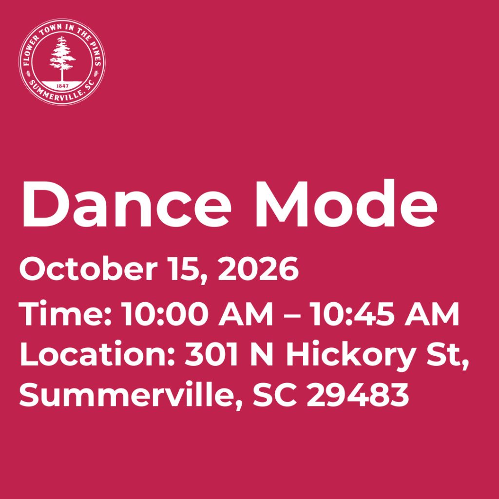 Event details for "Dance Mode" on October 15, 2026, from 10:00 AM to 10:45 AM at 301 N Hickory St, Summerville, SC.