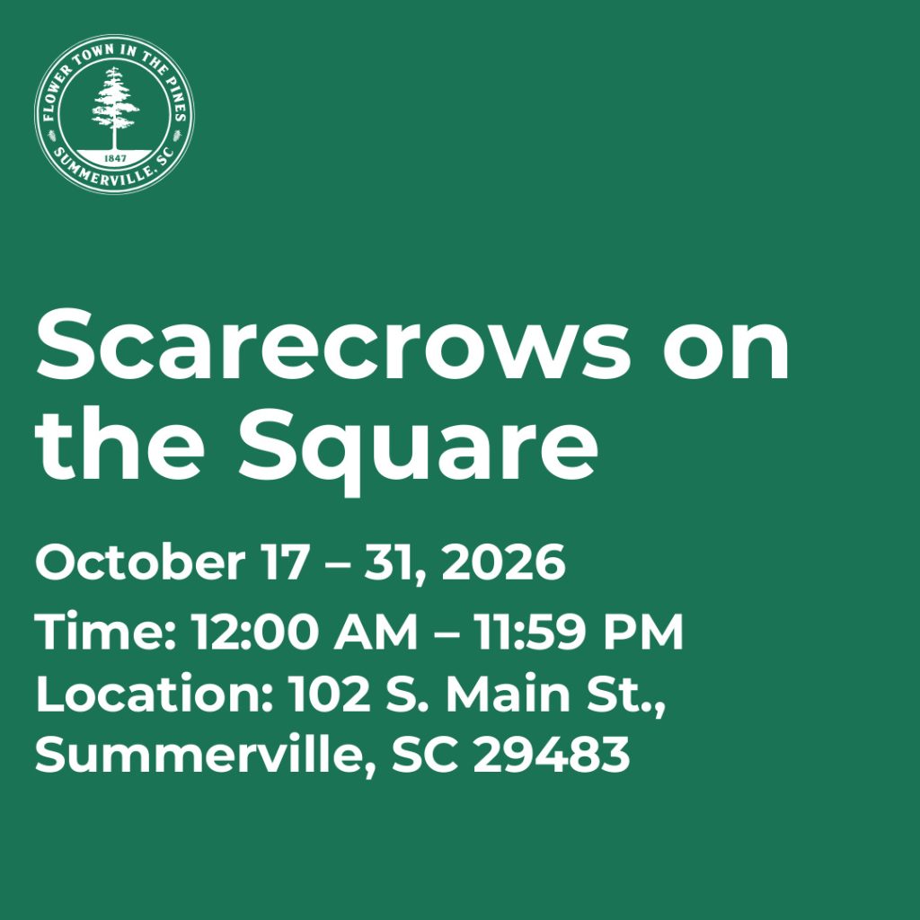 Event details for "Scarecrows on the Square" in Summerville, SC, from October 17 to 31, 2026.