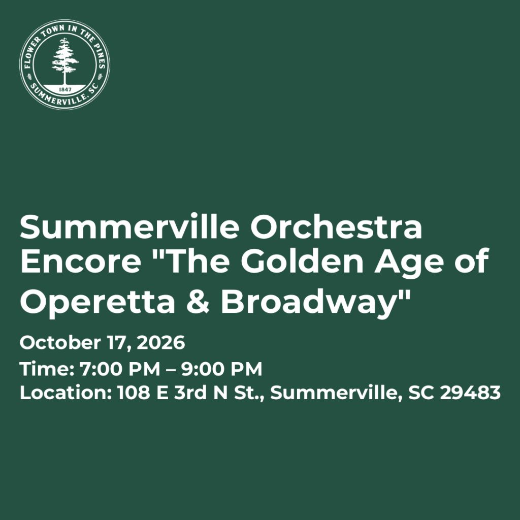 Summerville Orchestra event details for "The Golden Age of Operetta & Broadway" on October 17, 2026.