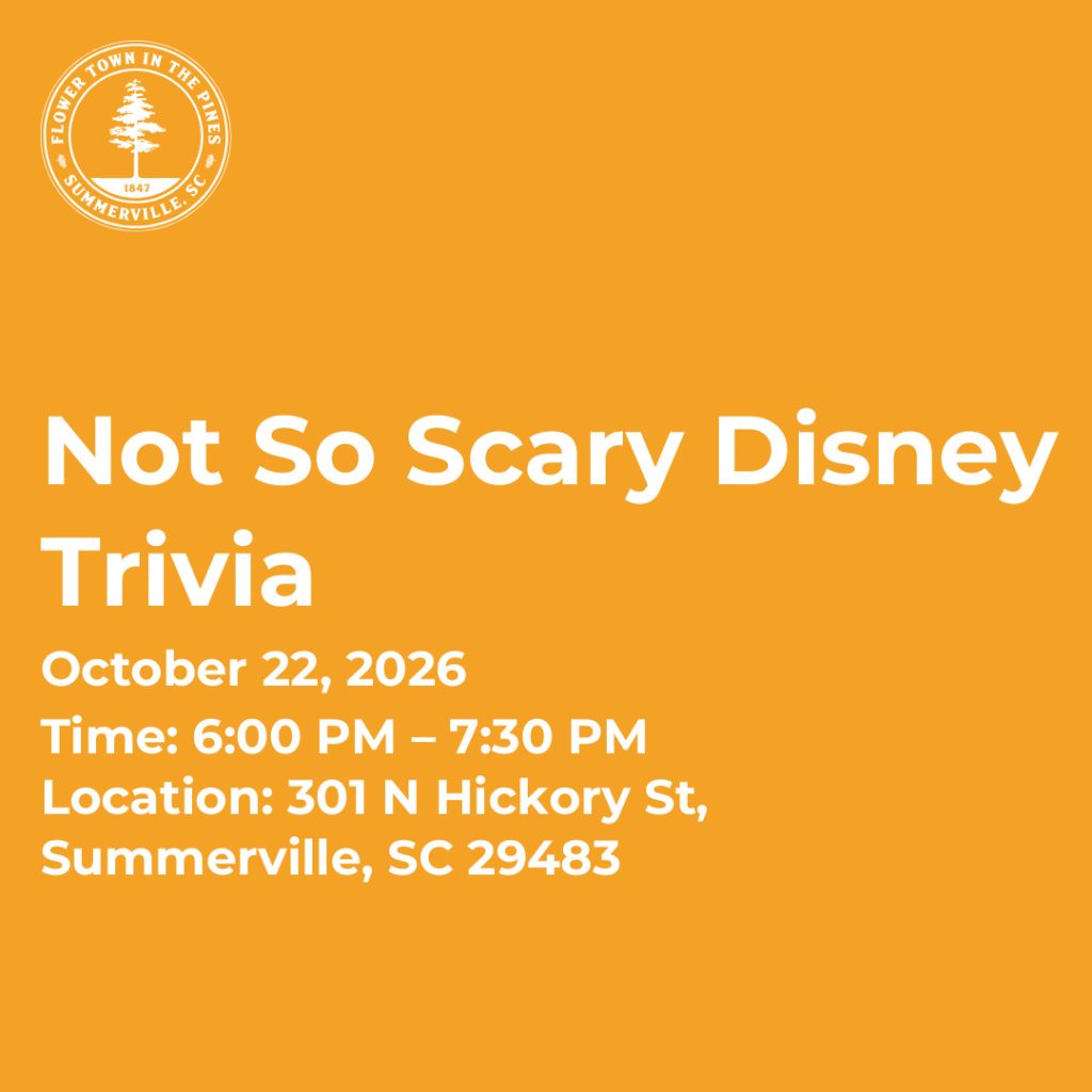 Event details for Not So Scary Disney Trivia on October 22, 2026, from 6:00 PM to 7:30 PM in Summerville, SC.