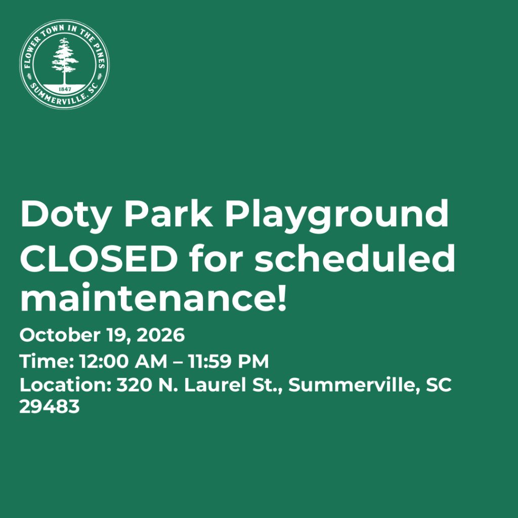 Doty Park Playground is closed for maintenance on October 19, 2026, from midnight to 11:59 PM.