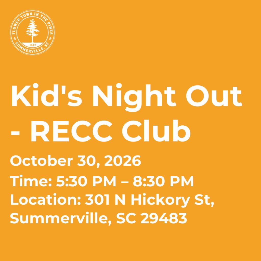 Event details for Kid's Night Out at RECC Club on October 30, 2026, from 5:30 PM to 8:30 PM in Summerville, SC.