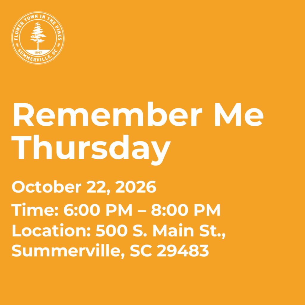 Event details for Remember Me Thursday on October 22, 2026, from 6:00 PM to 8:00 PM in Summerville, SC.